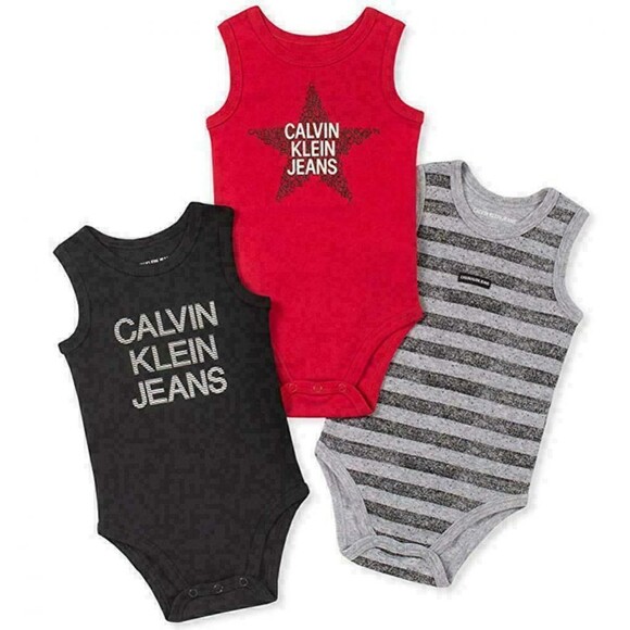 Calvin Klein Baby Bodysuit Lot of 3 Size 18 Months Red Black Gray UNISEX - NEW